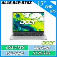 Acer宏碁 AL15-54P 是一款15.6吋 IPS霧面螢幕的高效能筆電，搭載Intel Core Ultra 5 115U處理器，16GB DDR5記憶體，1TB固態硬碟，支援FHD解析度（1920x1080），內建Intel® UHD Graphics顯示晶片，無觸控螢幕，重量僅1.7公斤，內建2M Full HD網路攝影機，支援802.11a/b/g/n/ac+ax無線網路與藍芽5.2，預裝Windows 11 Home作業系統，提供兩年保固。