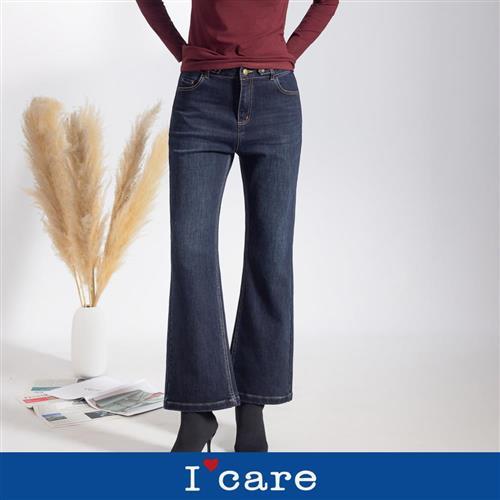 現貨【ICare 依卡】絆帶腰飾小喇叭牛仔褲（M-XL）｜女休閒長褲 女牛仔褲 喇叭褲 修身顯瘦