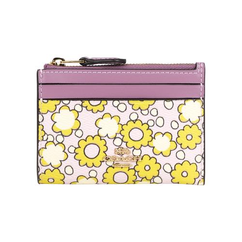 COACH 花卉圖案附鑰匙圈卡夾/零錢包(百合紫)