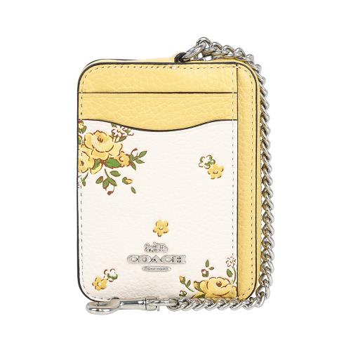 COACH 花朵圖案粒紋皮革L型拉鍊卡夾/零錢包(白色/黃色)