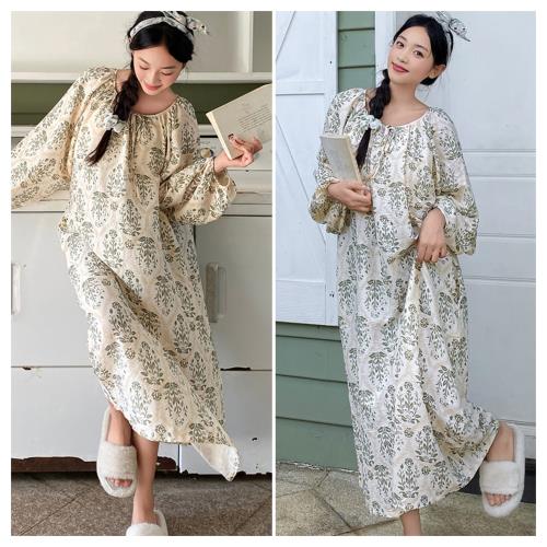  AKARA  清新優質舒適穿薄荷梗長袖居家服洋裝固定胸襯/舒適親膚布料/增加柔順舒眠)