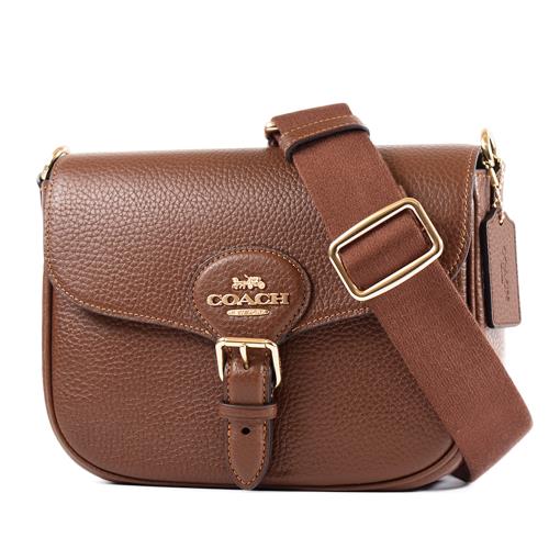 COACH Ameila 鵝卵石皮革翻蓋磁釦斜背包-咖啡色