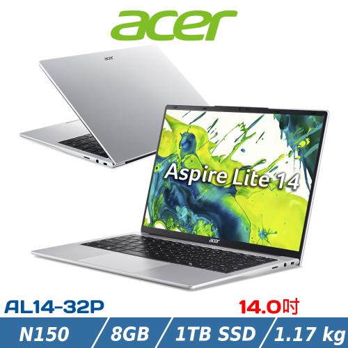 (規格升級)ACER 宏碁 14吋輕薄筆電 AL14-32P-C4QP (N150/8G/1TB/銀)
