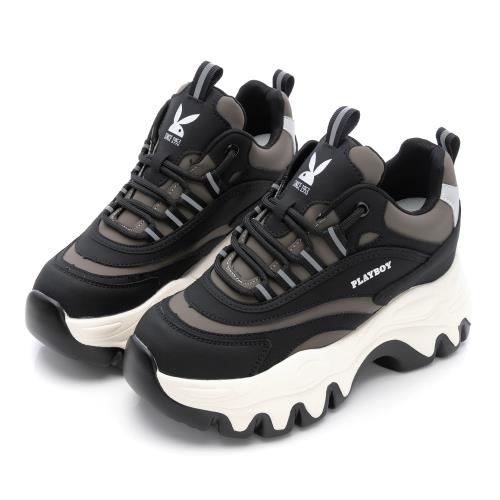 【PLAYBOY】 巨浪狂潮真皮美腿製造機老爹鞋-PY1701黑灰