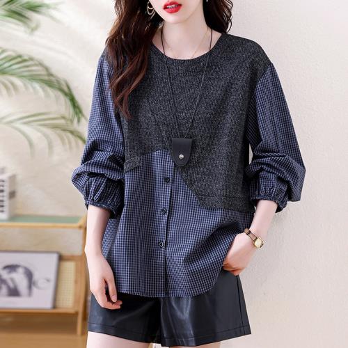 【ALLK 歐楷】新品 格子拼接上衣 灰拚格子(尺寸L-XXL/中大尺碼/輕量/保暖)