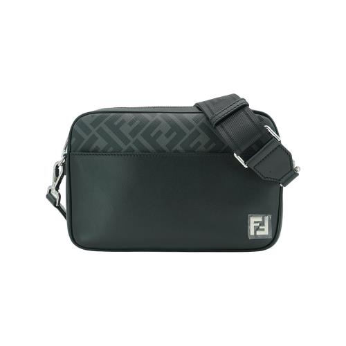 Fendi FF logo拚皮革斜背相機包(7M0286-黑灰)