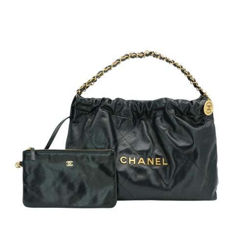 Chanel 22 Bag 金logo小牛皮橫式肩背包(AS4486-黑)