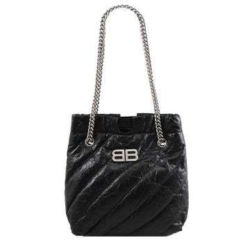 BALENCIAGA 巴黎世家 742942 CRUSH TOTE BB 壓褶牛皮綁帶鍊包.黑S