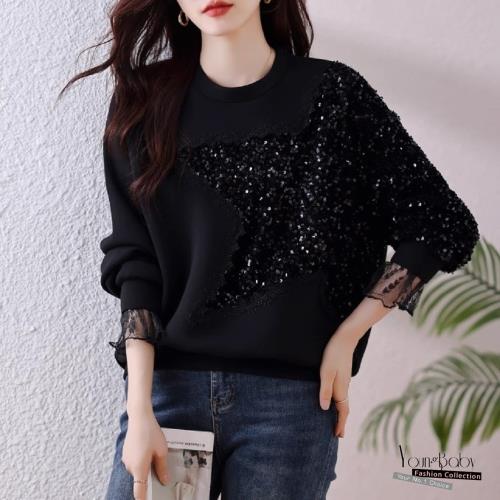 【YOUNGBABY中大碼】法式重工亮片五角星蕾絲袖織衣上衣 中大尺碼女裝