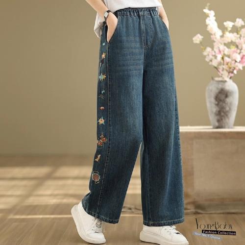 【YOUNGBABY中大碼】復古卡通刺繡鬆緊腰直筒牛仔褲 中大尺碼女裝