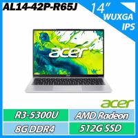 Acer宏碁 AL14-42P-R65J 是一款輕便的文書筆電，搭載 AMD Ryzen 3 5300U 處理器與 8GB DDR4 記憶體，提供 1920x1200 解析度的 IPS 霧面螢幕，內建 AMD Radeon Graphics 顯示卡與 512GB 固態硬碟，支援 Wi-Fi 6 與藍芽5.2，輕巧僅 1.3kg，適合日常辦公與學習使用。
