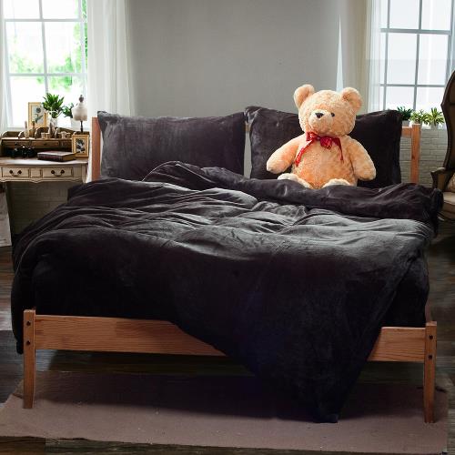 【Carolan】法蘭絨雙人舖棉床包兩用毯被套四件組(黑色)