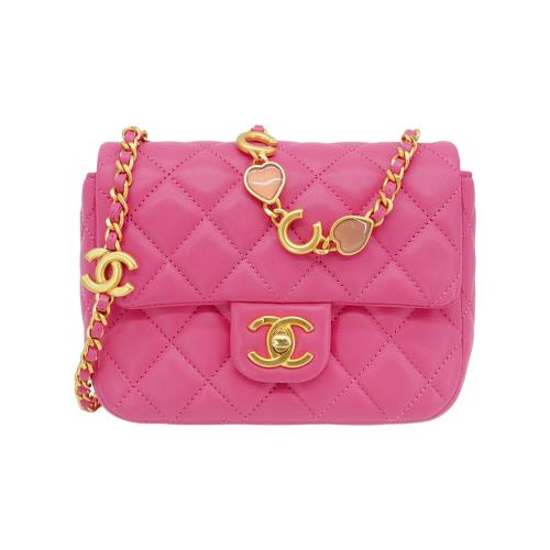 Chanel 菱格羊皮霧金愛心鏈帶方胖斜背包-17cm(AS1786-桃紅)