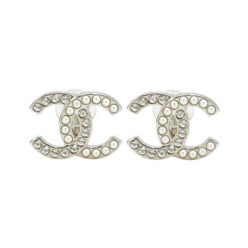 Chanel 銀框水鑽珍珠夾式耳環(ABG433-銀)