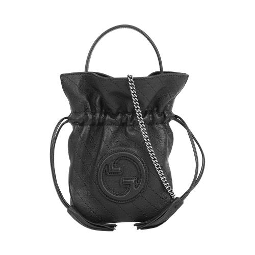 GUCCI Blondie 縫線皮革束口迷你水桶包(黑色)