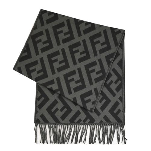 FENDI FXT260 FF LOGO撞色喀什米爾羊絨長披肩/圍巾.綠/黑