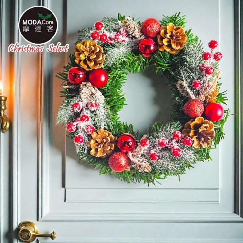摩達客10吋冬雪系小紅莓刷白松果質感聖誕花圈福臨圈_台灣工藝免組裝_本島免運費