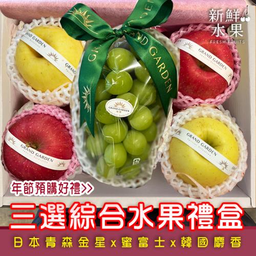 【新鮮水果】三選綜合水果禮盒 (日本青森金星蘋果*2粒x蜜富士蘋果*2粒x韓國麝香葡萄430g*1串)