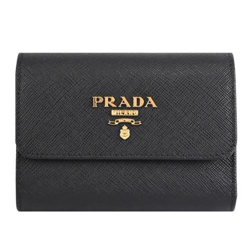 PRADA 1MH025 金屬LOGO內裏撞色防刮零錢短夾.黑/桃粉
