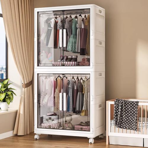 出租房家用臥室小戶型塑膠衣櫥 加厚簡易衣櫃 可折疊兒童衣服整理櫃  加厚pp材質 可折疊 滑輪 透明門