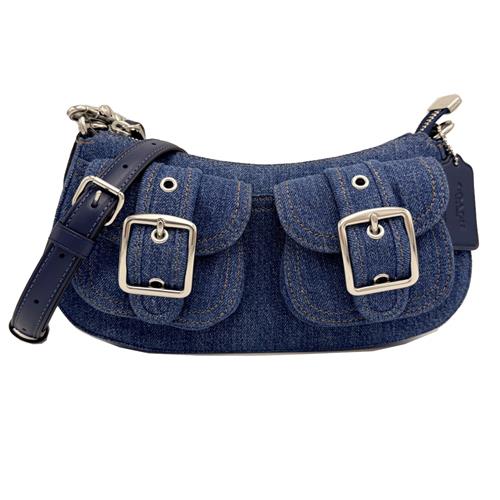 【COACH】雙扣環牛仔肩斜背兩用彎月包(牛仔藍)