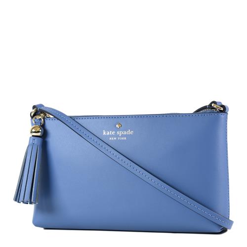KATE SPADE 滑面皮革流蘇拉鍊斜背包-藍色/特