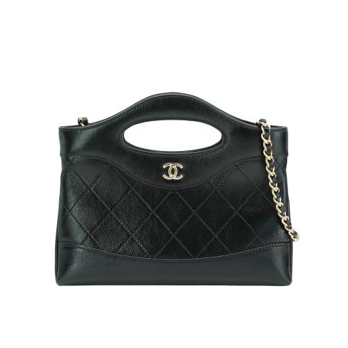 Chanel 展示品 31 Bag Nano 油蠟牛皮淡金雙鍊迷你手提斜背包(AP3656-黑)