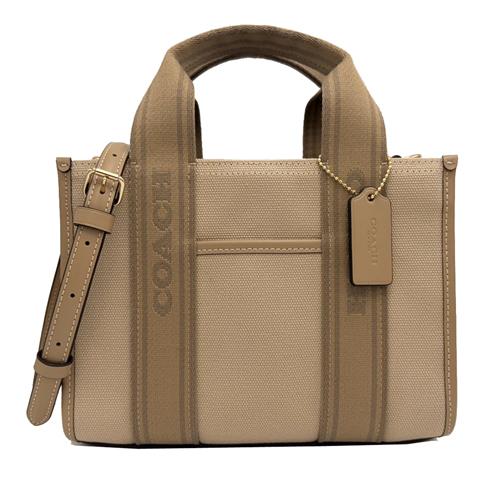 【COACH】素面帆布拼牛皮手提斜背兩用小琴譜方包(小款-卡其米)