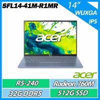 Acer宏碁 SFL14-41M 是一款輕薄筆電，搭載AMD Ryzen 5 240處理器，32G LPDDR5記憶體，2TB固態硬碟，14吋IPS螢幕解析度1920x1200，支援Wi-Fi 6與藍芽5.3，內建2M FHD網路攝影機，重量僅999g，提供兩年保固。