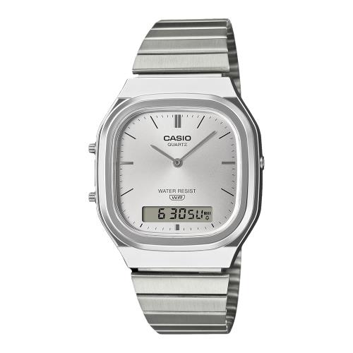 【CASIO 卡西歐】復古潮流 方形雙顯錶 銀白 不鏽鋼錶帶 生活防水 AQ-240E (AQ-240E-7A)