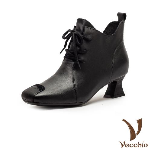 【VECCHIO】真皮小方頭高跟短靴/真皮法式復古小方頭繫帶高跟短靴 女鞋 黑