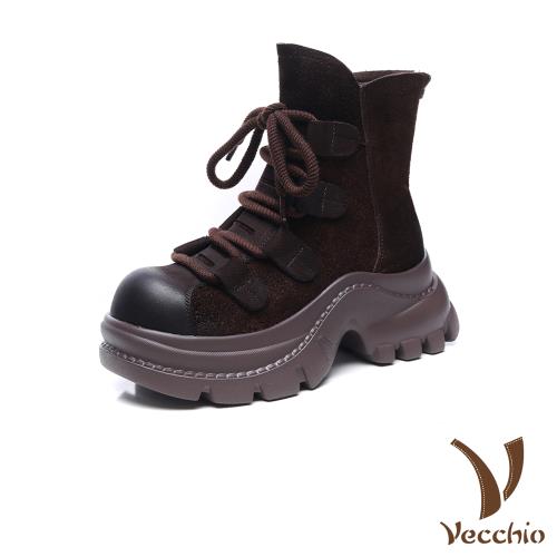 【VECCHIO】全真皮繫帶厚底馬丁靴/全真皮頭層牛皮復古拼接繫帶厚底馬丁靴 女鞋 咖