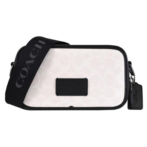 COACH CW365 WYATT 印花皮革雙層拉鍊斜背相機包.黑/白
