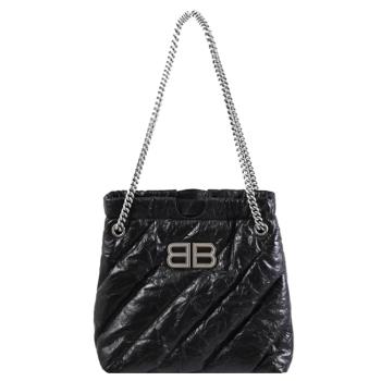 BALENCIAGA 巴黎世家 781796 CRUSH TOTE BB 壓褶牛皮綁帶鍊包.黑XS
