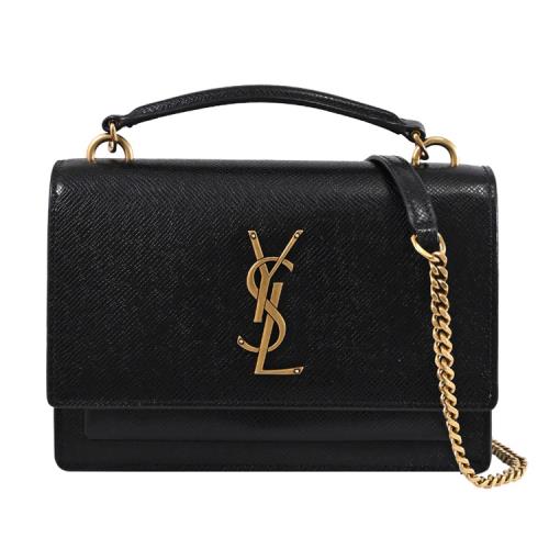 YSL 533026 Sunset 金屬LOGO荔枝牛皮翻蓋兩用日落包.黑