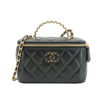 Chanel 展示品 菱格羊皮縷空金手把二用化妝包(AP3663-黑)