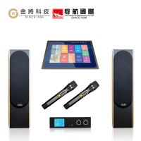 金將科技 KKPAD18.5 專業卡拉OK系統，配備18.5吋安卓觸控屏支援MP3歌曲播放，HDMI/AV影音輸出，1080p高畫質顯示。包含G&M 768無線U頻充電麥克風（2隻）、A1+擴大機（150W+150W輸出）、BSJ-75書桌型喇叭（雙6.5吋，150W+150W）。麥克風頻率530~580MHz，總消耗功率600W，適閤家庭KTV娛樂。BSMI認證R51486，配件齊全含線材、隨身碟、說明書。尺寸輕便，總重約38.1KG，提供高品質音效與視覺體驗。