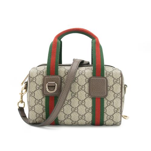 Gucci 展示品 Mini GG Supreme 帆布紅綠織帶手提二用波士頓包(859975-米/棕)