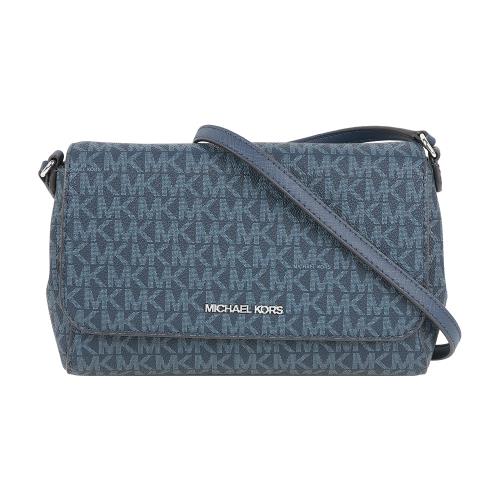 MICHAEL KORS 銀字滿版Logo 塗層帆布皮夾式鍊包/WOC (海軍藍)