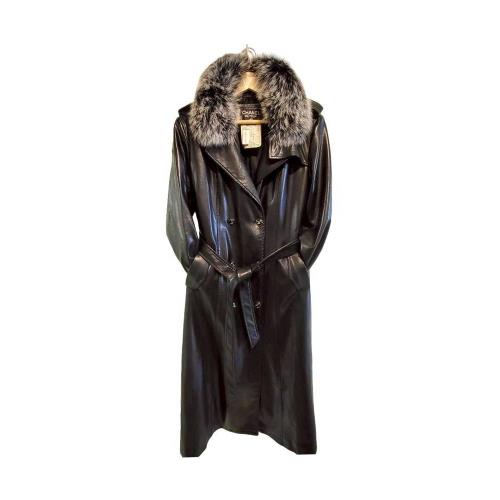 【二手精品 9.9成新】CHANEL香奈兒黑色蛋白皮革長版大衣(附毛領腰帶)(剪水洗標) 編號S86