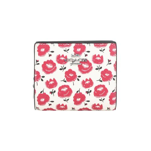 COACH C Logo 拉鍊花卉圖案塗層帆布暗釦二折短夾(紅色)