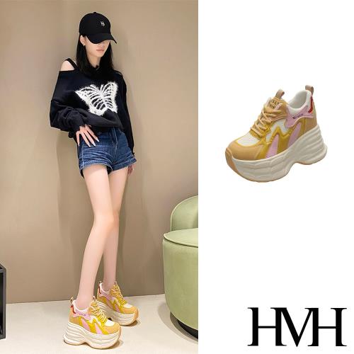 【HMH】幾何網面厚底內增高休閒鞋/時尚幾何流線網面拼接厚底潮流內增高休閒鞋 女鞋 黃