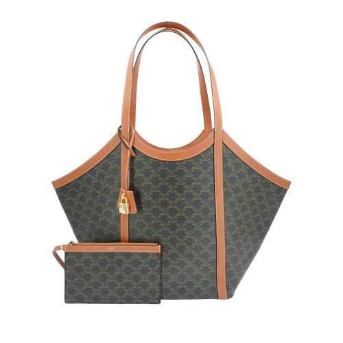 Celine Large Cabas 印花帆布拚牛皮大號托特包(黃褐色)