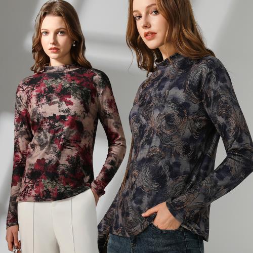 【OUBOGJ歐帛】★雙面絨渲染印花上衣五件組(女裝/女上衣/長袖T恤/圓領上衣/通勤)