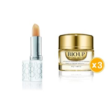 【全效呵護】Elizabeth Arden 雅頓 八小時潤澤護唇膏 3.7g X2(台灣專櫃貨)+BIO UP 自然美 全效防護光采素顏霜SPF50