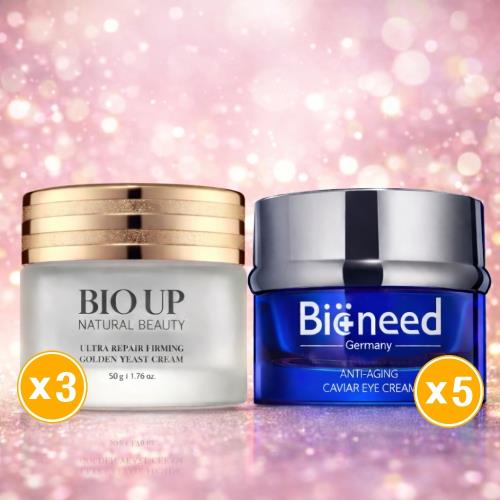 【全效呵護】德國Bioneed 極致抗皺魚子眼霜30ml 共5入+BIO UP 自然美 高純度酒粕胎盤4D拉提彈潤霜50g *3入