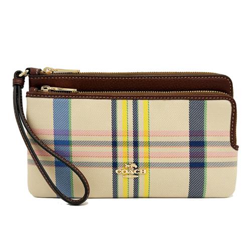【COACH】C LOGO格紋布長夾式雙層大手拿包/零錢包(格紋)