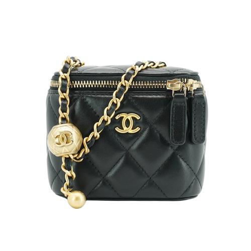 二手品 Chanel 羊皮金球迷你斜背化妝包(黑)