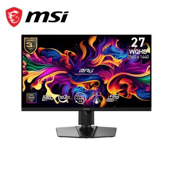MSI MPG 271QR 是一款27吋QD-OLED螢幕，支援WQHD解析度（2560 x 1440），擁有500Hz更新頻率與0.03ms反應時間，提供極致流暢的遊戲體驗。螢幕具備178°水平與垂直可視角度，色彩表現精準，支援1.07B色域，並具備VESA壁掛功能與三年保固。