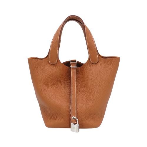 Hermes Picotin Lock PM 牛皮銀釦手提水桶-18cm(37金棕)